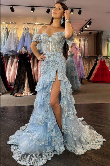 Glitter Sequins Off-the-shoulder Tulle Split Front A-Line Prom Dresses - Prom Dress