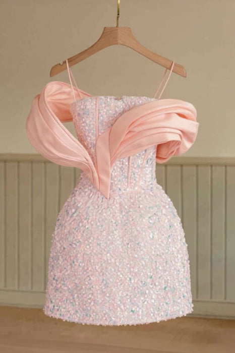 Glitter Sequins Pink Short Party Dress Spaghetti Straps Mini Homecoming Dress with Bow - Dress