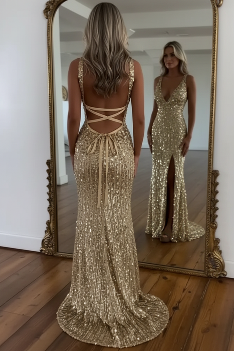 Glitter Sequins Prom Dress Fabric Back with Ribbon Tie Detail