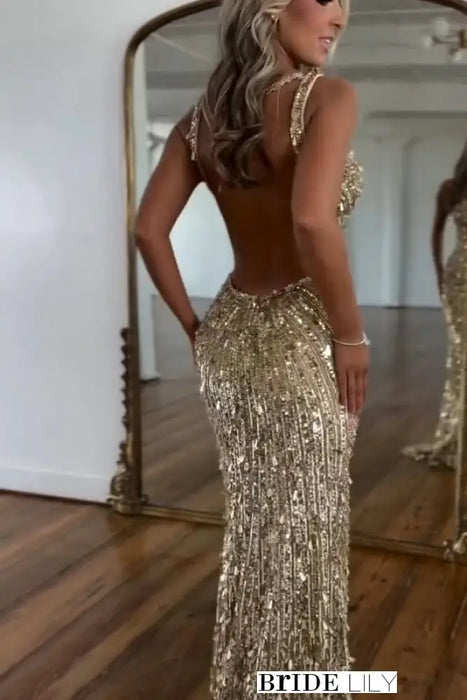 Sequins Sleeveless V Neck Prom Dress Long with Split -Bridelily Sequins Sleeveless V Neck Prom Dress Long with Split -Bridelily