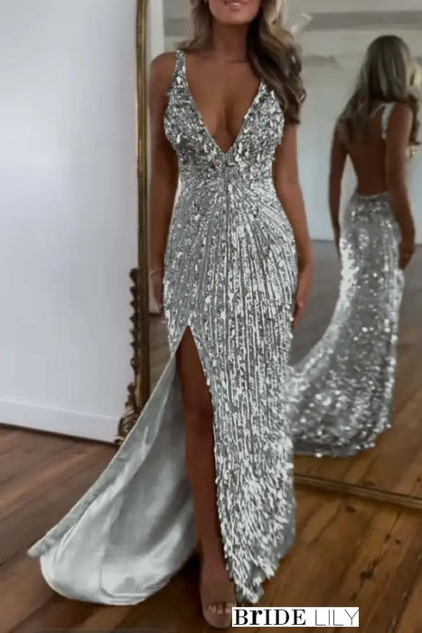 Sequins Sleeveless V Neck Prom Dress Long with Split -Bridelily Sequins Sleeveless V Neck Prom Dress Long with Split -Bridelily