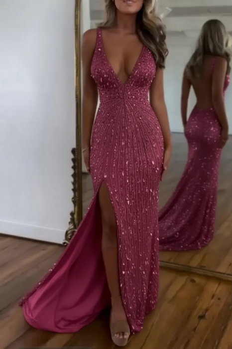 Fuchsia Glitter Sequins Sleeveless V Neck Prom Dress Long with Split