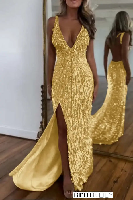 Sequins Sleeveless V Neck Prom Dress Long with Split -Bridelily Sequins Sleeveless V Neck Prom Dress Long with Split -Bridelily