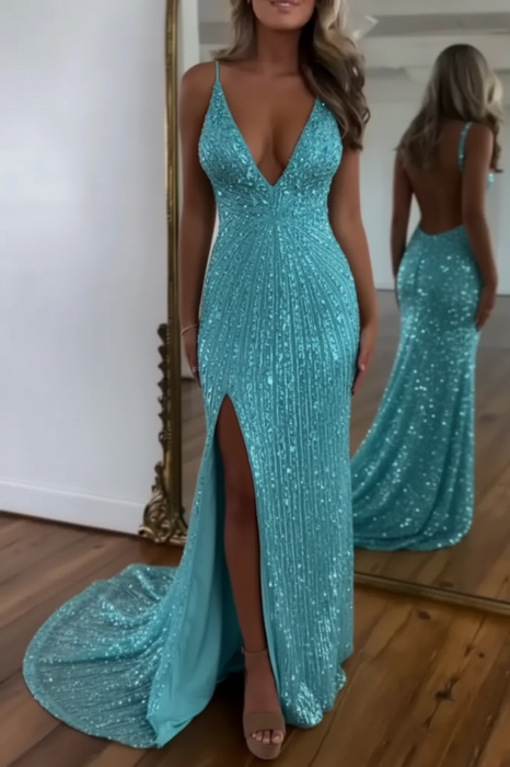 Pool Glitter Sequins Sleeveless V Neck Prom Dress Long with Split