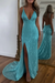 Pool Glitter Sequins Sleeveless V Neck Prom Dress Long with Split