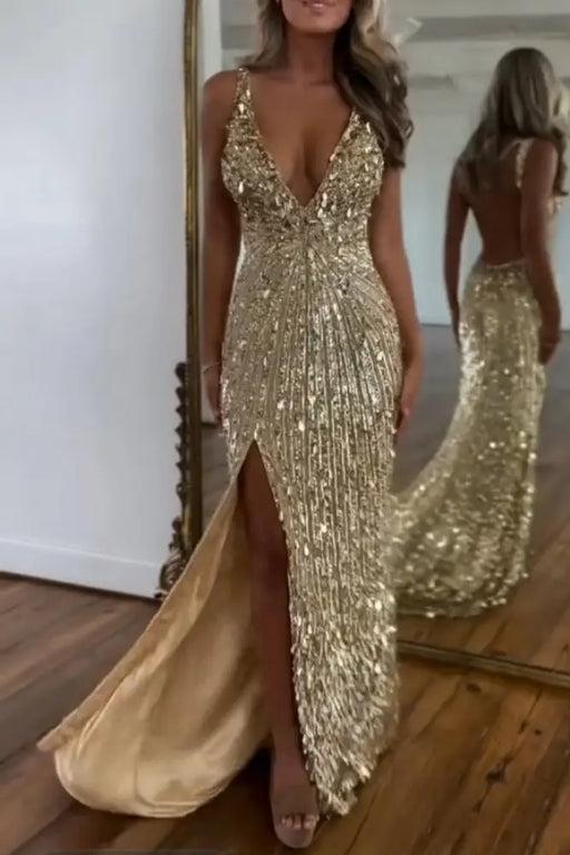 Glitter Sequins Sleeveless V Neck Prom Dress Long with Split