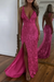 Hot Pink Glitter Sequins Sleeveless V Neck Prom Dress Long with Split