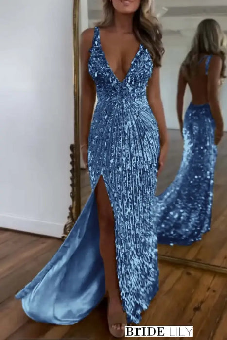 Sequins Sleeveless V Neck Prom Dress Long with Split -Bridelily Sequins Sleeveless V Neck Prom Dress Long with Split -Bridelily