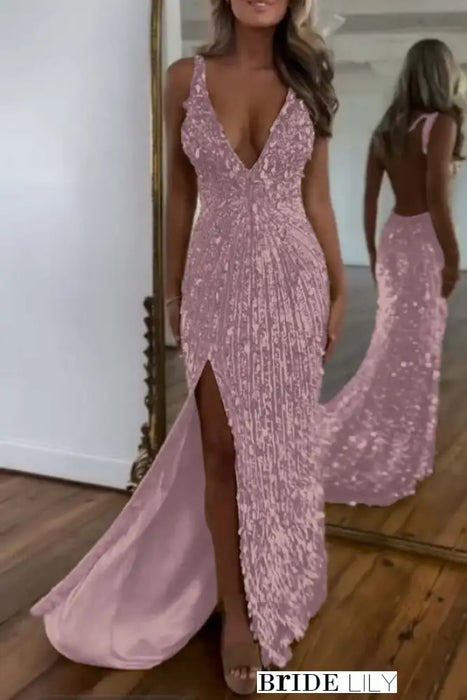 Sequins Sleeveless V Neck Prom Dress Long with Split -Bridelily Sequins Sleeveless V Neck Prom Dress Long with Split -Bridelily
