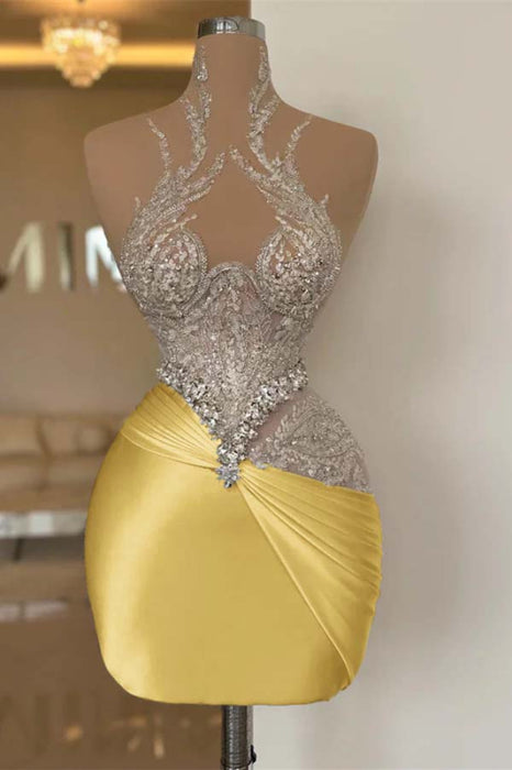 Glitter Sheath Short Homecoming Dress Satin Prom Dress - Yellow - Prom Dresses
