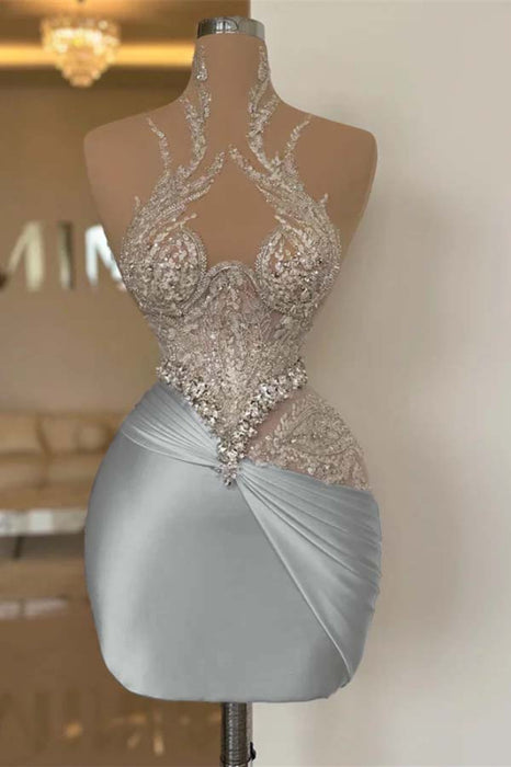 Glitter Sheath Short Homecoming Dress Satin Prom Dress - Silver - Prom Dresses