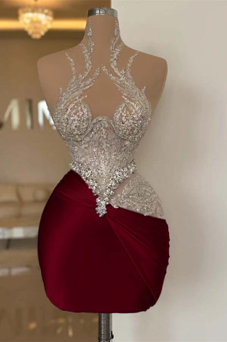 Glitter Sheath Short Homecoming Dress Satin Prom Dress - Burgundy - Prom Dresses