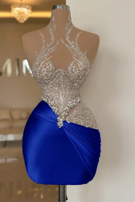 Glitter Sheath Short Homecoming Dress Satin Prom Dress - Royal Blue - Prom Dresses