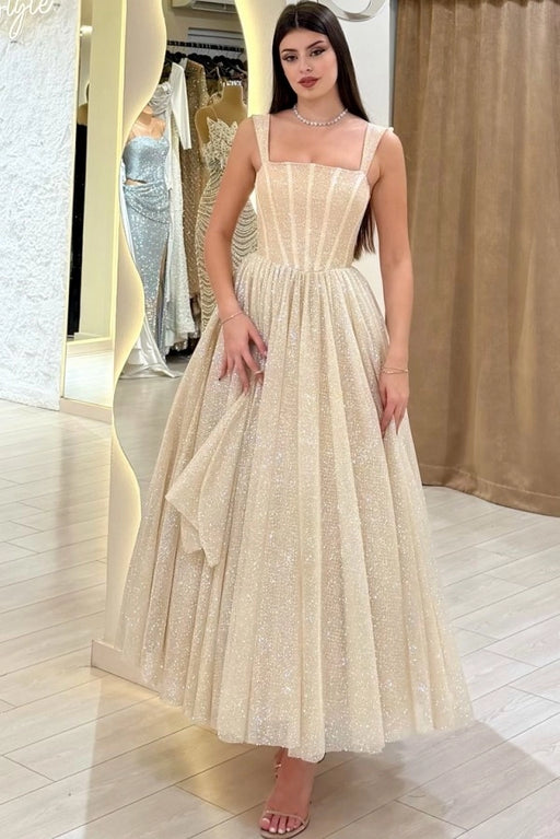 Sparkly Sequins Aline Evening Dress Tea Length with Straps