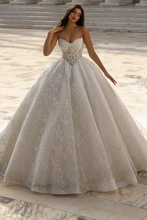 Luxury Glitter Strapless Aline Ball Gown Wedding Dress with Beadings