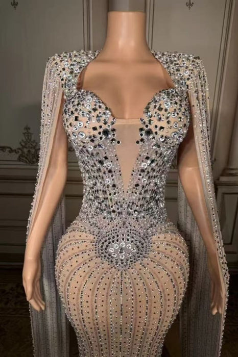 Glitter Strapless Crystals Floor Length Sheath Prom Dress