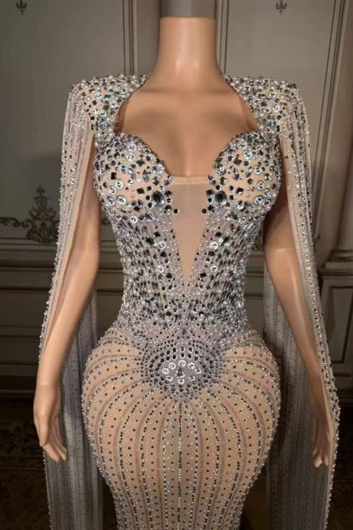 Glitter Strapless Crystals Floor Length Sheath Prom Dress