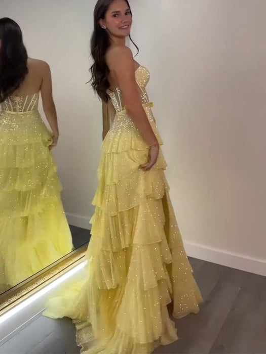Glitter Strapless Tiered Ruffle Corset Prom Dress Long with Slit - Prom Dresses
