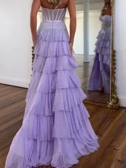 Glitter Strapless Tiered Ruffle Corset Prom Dress Long with Slit - Prom Dresses