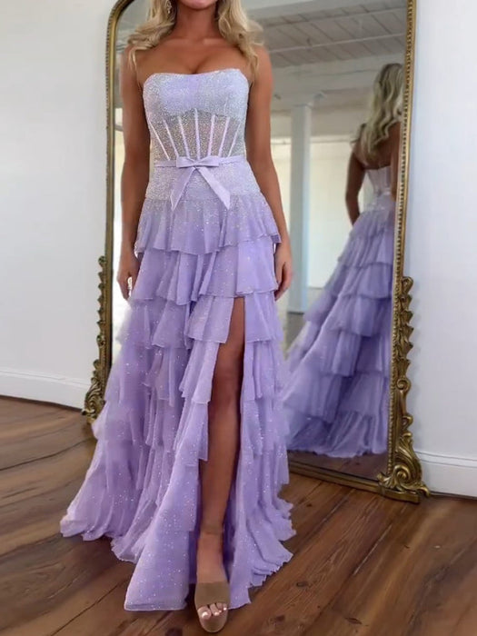 Glitter Strapless Tiered Ruffle Corset Prom Dress Long with Slit - Prom Dresses