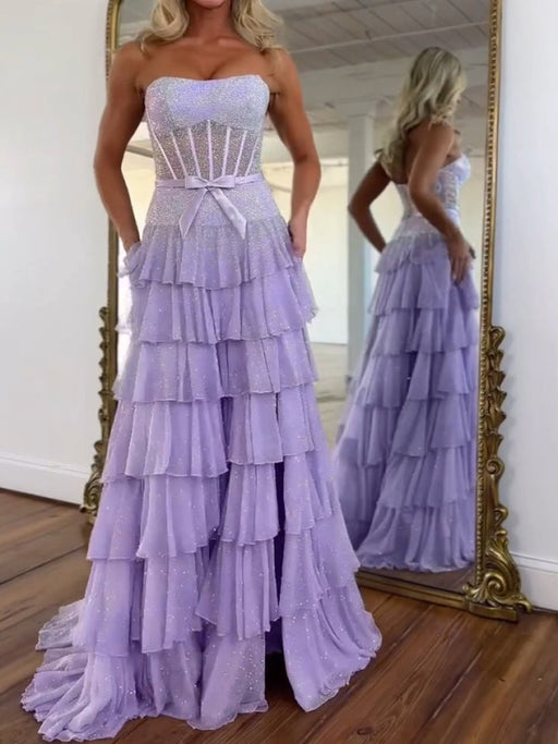 Glitter Strapless Tiered Ruffle Corset Prom Dress Long with Slit - Lilac - Prom Dresses