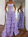 Glitter Strapless Tiered Ruffle Corset Prom Dress Long with Slit - Lilac - Prom Dresses