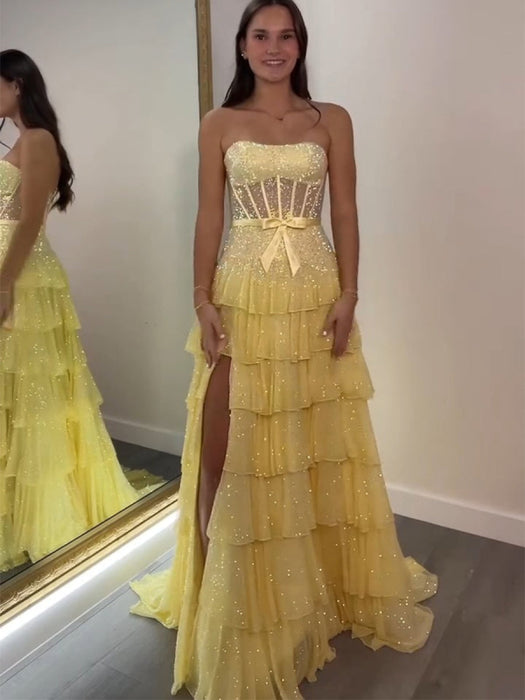 Glitter Strapless Tiered Ruffle Corset Prom Dress Long with Slit - Yellow - Prom Dresses