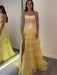 Glitter Strapless Tiered Ruffle Corset Prom Dress Long with Slit - Yellow - Prom Dresses