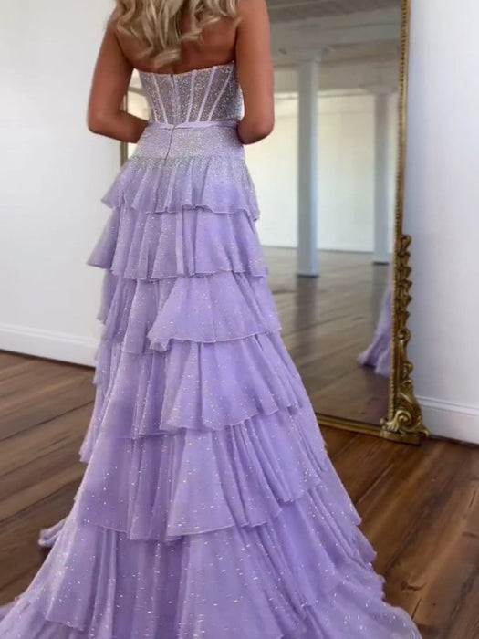 Glitter Strapless Tiered Ruffle Corset Prom Dress Long with Slit - Prom Dresses