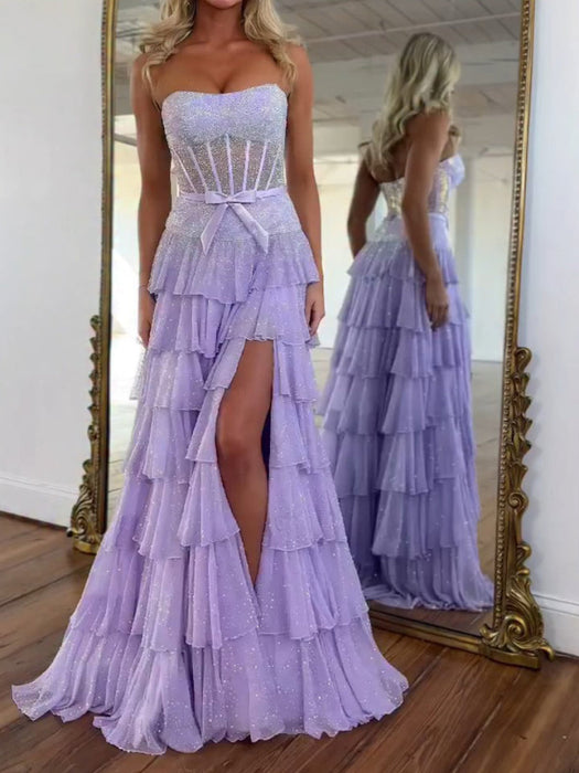 Glitter Strapless Tiered Ruffle Corset Prom Dress Long with Slit - Prom Dresses