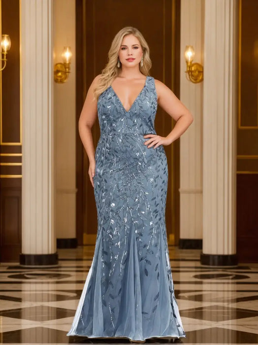 Glitter V-neck Sequined Mermaid Mother of the Bride Dress Sleeveless