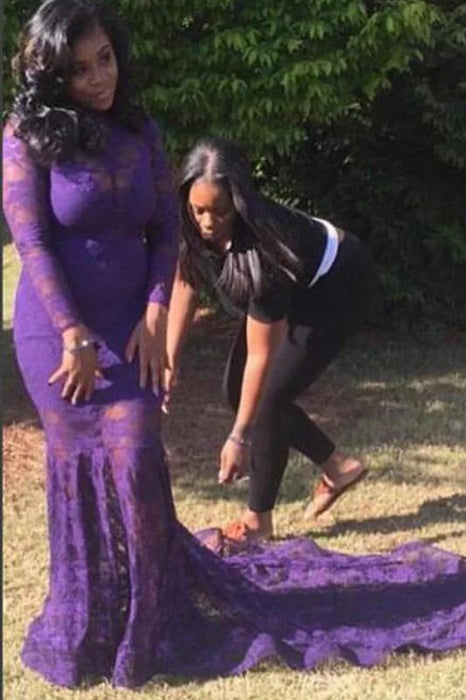 Glorious Affordable Wonderful Mermaid Plus Size Prom with Long Sleeves Lace Dress - Prom Dresses