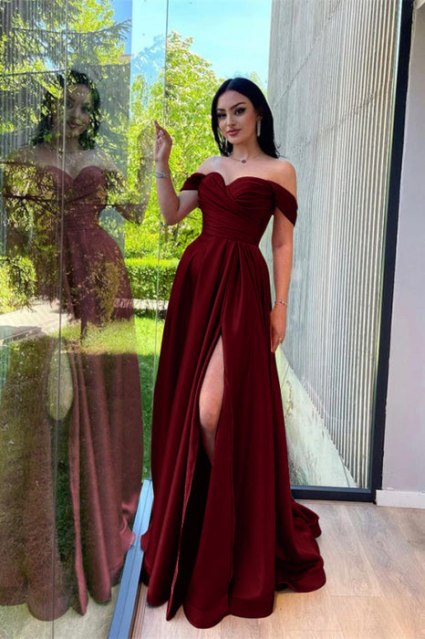 Dusty Pink Off-The-Shoulder Evening Dress Front Split-Bridelily Dusty Pink Off-The-Shoulder Evening Dress Front Split-Bridelily