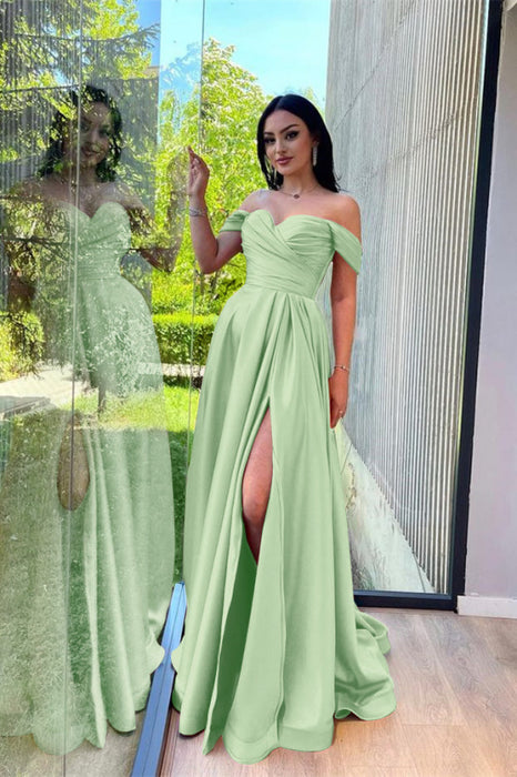 Dusty Pink Off-The-Shoulder Evening Dress Front Split-Bridelily Dusty Pink Off-The-Shoulder Evening Dress Front Split-Bridelily