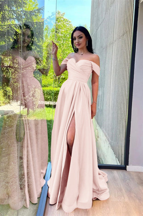 Dusty Pink Off-The-Shoulder Evening Dress Front Split-Bridelily Dusty Pink Off-The-Shoulder Evening Dress Front Split-Bridelily