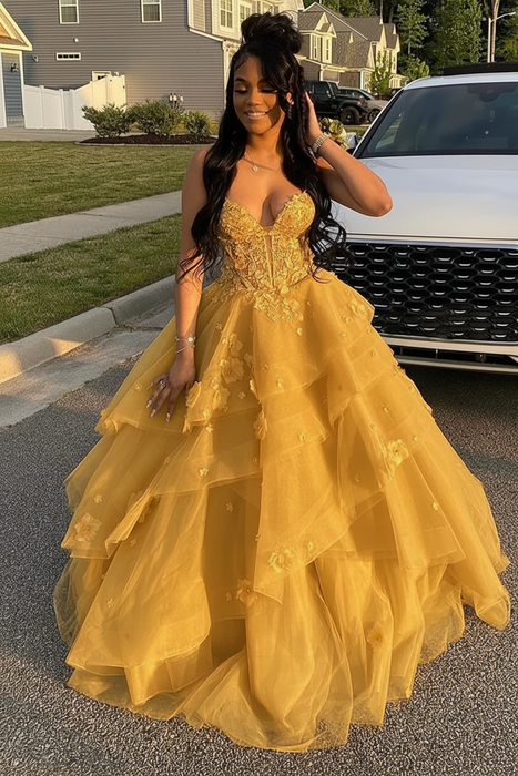 Spaghetti Straps Tulle A-Line Prom Dress Floral Ruffles Corset Gown -Bridelily Spaghetti Straps Tulle A-Line Prom Dress Floral Ruffles Corset Gown -Bridelily