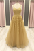 Gold A Line Lace Long Prom Dresses