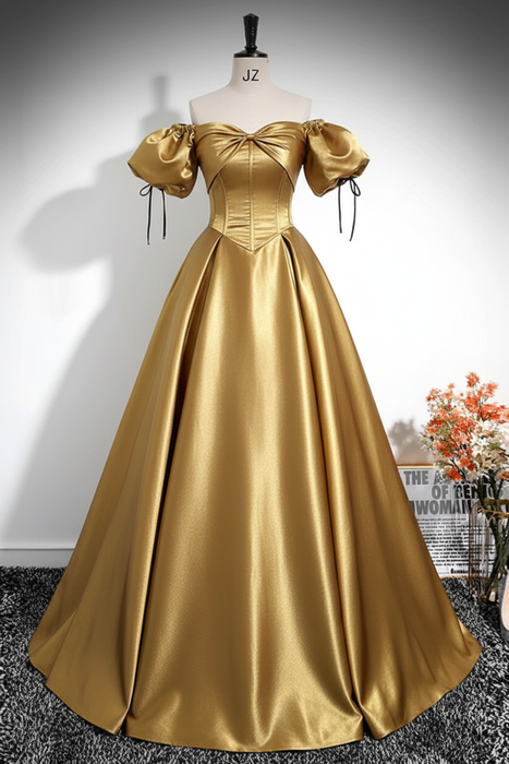 Gold A-Line Pleated Off-The-Shoulder Prom Dress