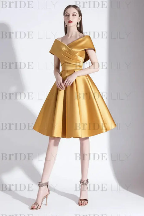 Gold A-Line V-Neck Knee-Length Short Sleeves Pleated Satin Cocktail Dress 