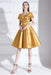 Gold A-Line V-Neck Knee-Length Short Sleeves Pleated Satin Cocktail Dress 