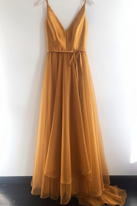 Gold A Line V Neck Spaghetti Straps Tulle Prom Dresses