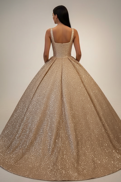 Gold Ball Gown Sequined Prom Dress with Pockets Long Square Quinceanera Dresses - Prom Dresses