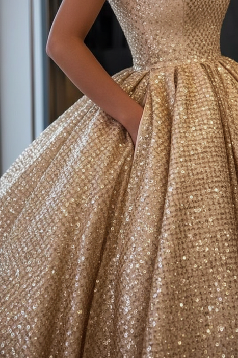 Gold Ball Gown Sequined Prom Dress with Pockets Long Square Quinceanera Dresses - Prom Dresses
