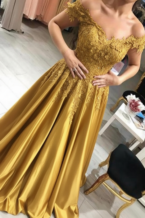 Gold Off-the-Shoulder Lace Applique Satin Aline Evening Dresses