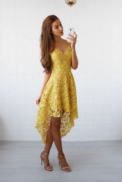 Gold Bridelily A-Line Lace Spaghetti Straps Sleeveless Short/Mini With Layers Dresses - Prom Dresses