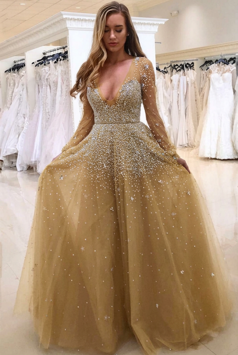 Gold Bridelily A-line Long Sleeves V-neck Floor-length Tulle Pearls Prom Dresses