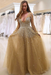 Gold Bridelily A-line Long Sleeves V-neck Floor-length Tulle Pearls Prom Dresses