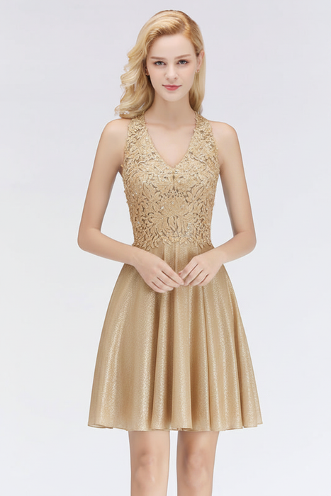 Gold V-Neck Short Lace Bridesmaid Dress