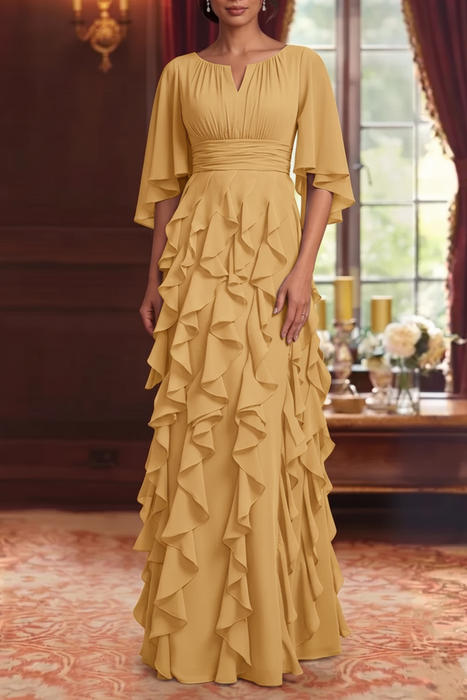 Gold Chiffon Mother of the Bride Dress Flutter Sleeves with Cascading Ruffles