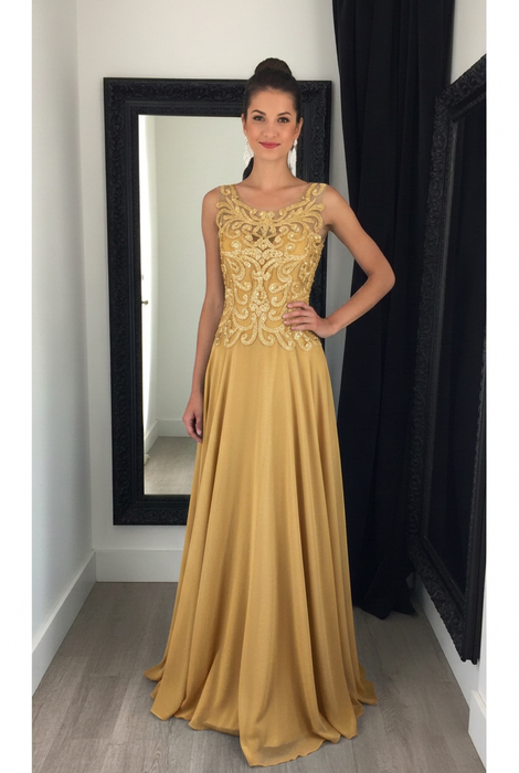 Gold Chiffon A-Line Prom Dress Scoop Neck with Lace Appliques